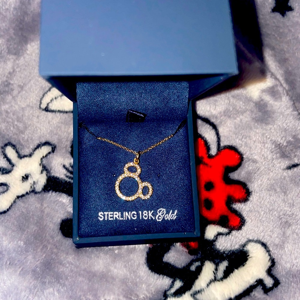 Gold Pendant Necklace with Mickey Mouse Silhouette and Shimmering Stones